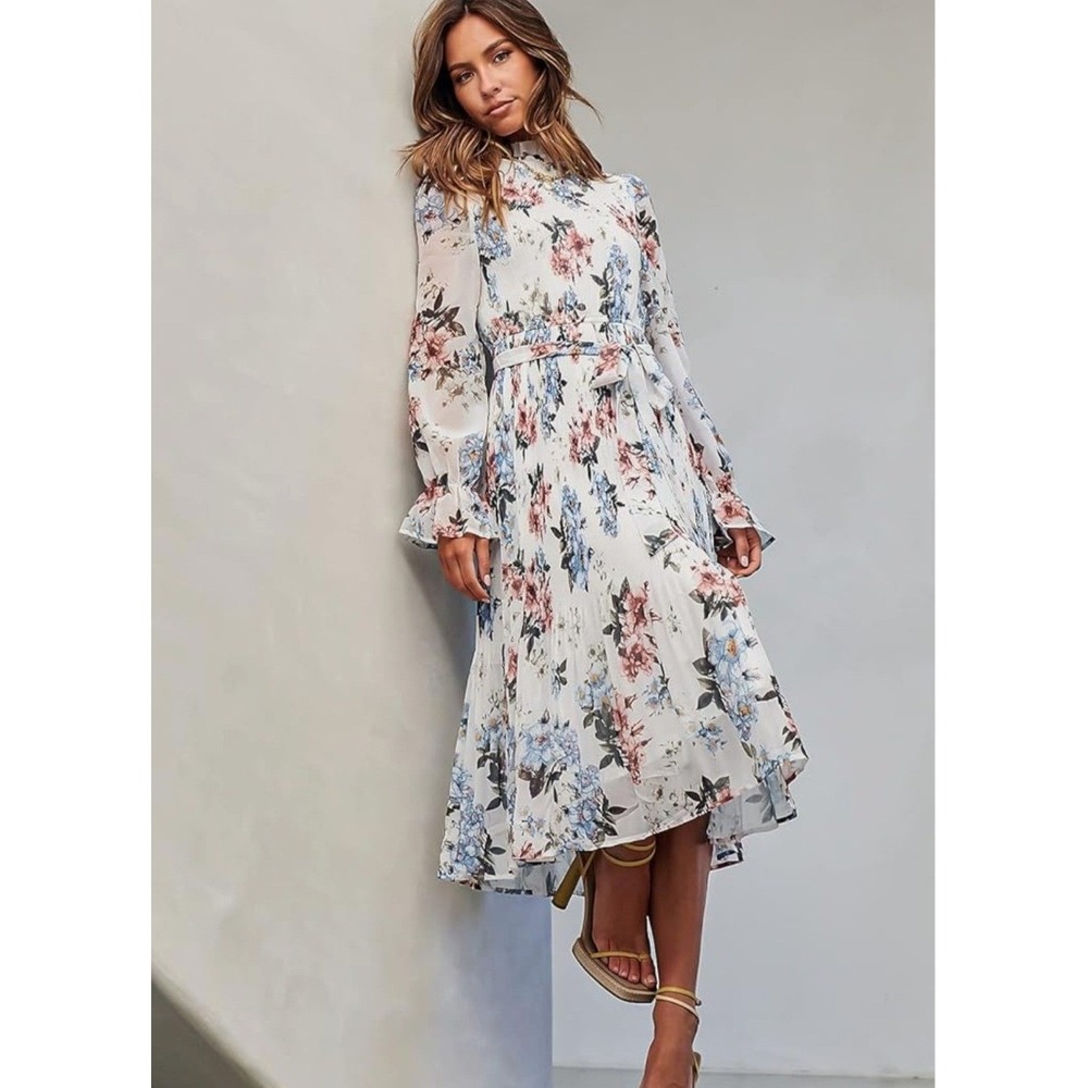 ANRABESS Floral Pleated Midi Dress Women XL White Blue Boho Cottagecore Romantic